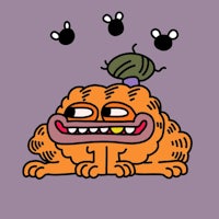 a cartoon orange monster sitting on a purple background